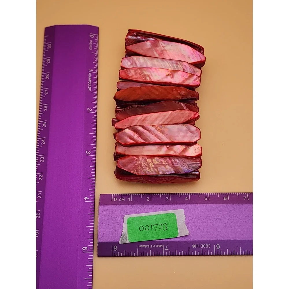 Vtg Gorgeous Red Pink Natural Abolone Shell Wide Stretchy Bracelet FREE $HIPPING